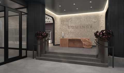 Contemporary hotel lobby entrance with dark wood accents, decorative planters, and ambient lighting
