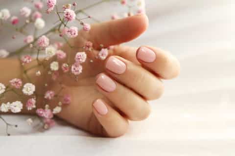 Manicured hands with nude nail polish touching delicate pink and white flowers