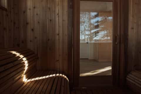 Wooden sauna interior with sunlight streaming through glass door onto benches