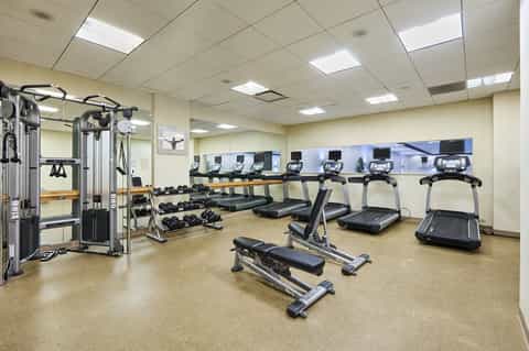 Modern hotel fitness center with treadmills, exercise bikes, and strength training equipment