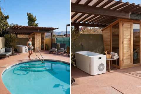 Residential spa area with hot tub, wooden sauna, small pool, and pergola shade structure