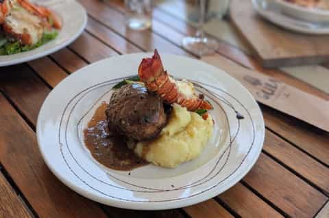 Filet mignon with lobster tail, mashed potatoes, and brown sauce on white plate