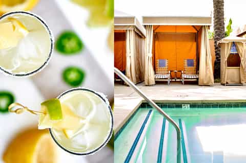 Poolside cocktails with lime garnish and resort cabanas with orange awnings
