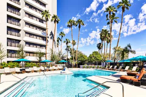 Resort pool area with turquoise water, lounge chairs, umbrellas, and tall palm trees