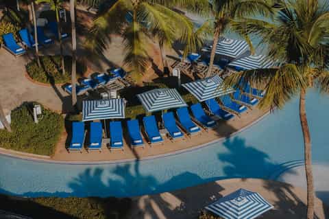 Aerial view of resort pool deck with blue lounge chairs, striped umbrellas, and palm trees surrounding the water