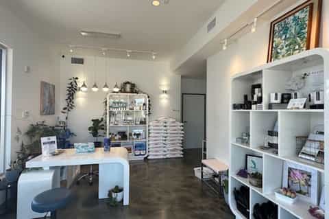Wellness spa reception area with white shelving, pendant lights, and product displays