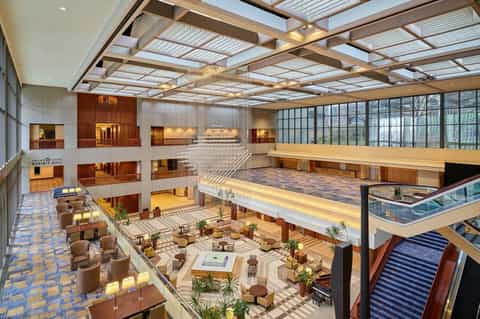Luxurious multi-level hotel atrium with skylights, seating areas, plants, and wooden railings