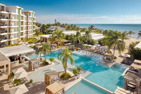 Beachfront resort with pool complex, white modern buildings, palm trees, and ocean view