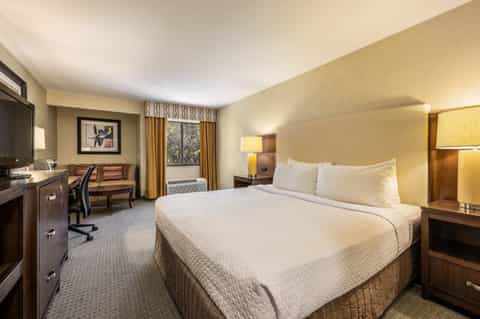 Spacious hotel bedroom with queen bed, work desk, warm lighting, and modern furnishings in neutral tones.