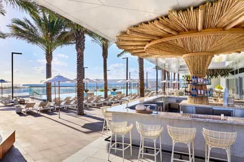 Rooftop pool deck with palm trees, lounge chairs, bar seating, and panoramic waterfront views