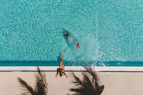 Overhead view of person diving into bright turquoise pool with palm shadow