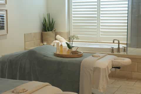 Spa treatment room with massage bed, bath tub, decorative plants, and natural light from large windows