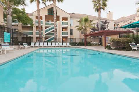 Resort outdoor pool with turquoise water, white lounge chairs, palm trees, and tan building with metal railings