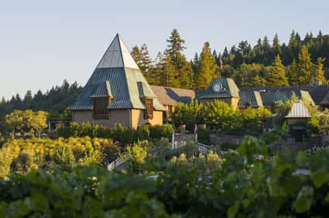 Castle-like winery building with distinctive pointed turrets and metal roofs nestled in forested vineyard