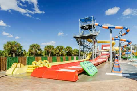 Outdoor water park with colorful tube slides, drop tower, and palm tree-lined grounds