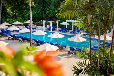 Resort pool surrounded by white umbrellas, blue lounge chairs, palm trees, and lush tropical landscaping