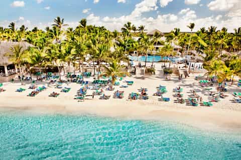 Aerial view of crowded beach resort with palm trees, loungers, and turquoise water
