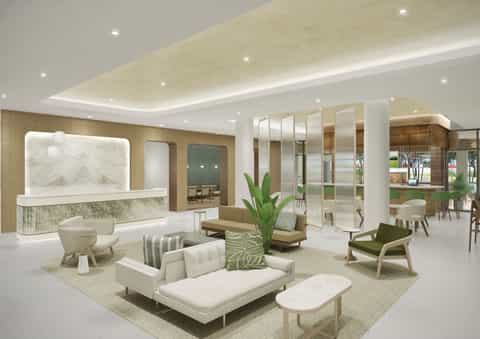 Luxury hotel lobby with marble reception desk, modern furniture, indoor plants, and open floor plan design