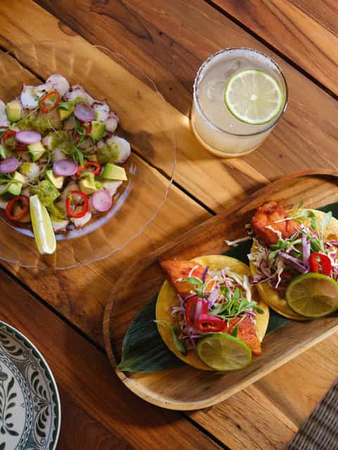 Fresh colorful salad, lime cocktail, and grilled fish tacos on wooden table in sunlight