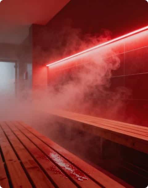 Modern infrared sauna with red neon lighting and steam effect in spa