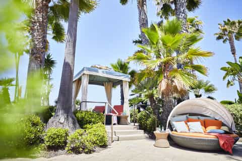 Luxury resort poolside lounge with palm trees, cabanas, and covered daybed with orange cushions