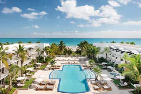 Beachfront resort with curved pool, palm trees, white buildings, and ocean view under blue sky
