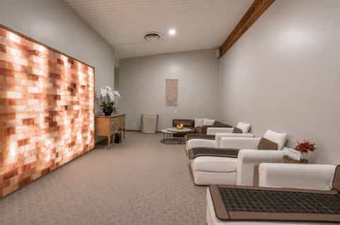 Tranquil spa relaxation room with Himalayan salt wall, fireplace, and cream seating