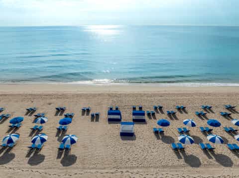 Aerial view of organized beach with blue and white umbrellas, lounge chairs, and calm turquoise ocean