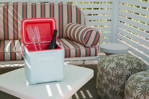 Striped beach towels, cooler with champagne glasses, and palm-patterned pillow on lounge chair