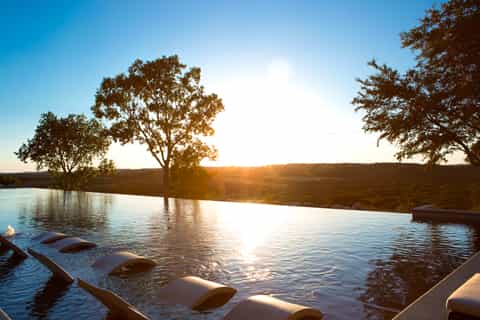 Infinity pool at sunset with scenic river views framed by trees and golden hour lighting