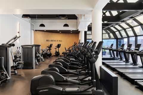 Spacious fitness center with rows of cardio machines and large windows overlooking city
