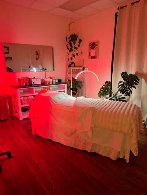 Spa treatment room with neon pink lighting, massage bed with sheer draping, vanity mirror, and potted plants