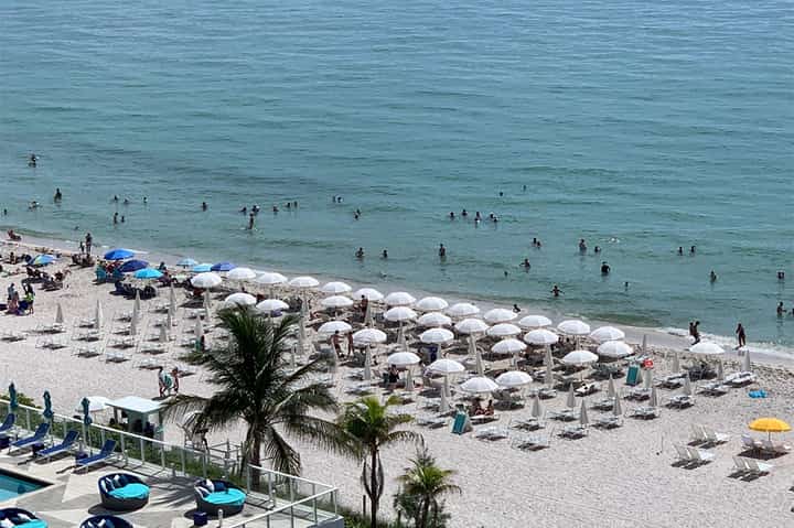 Beachfront with rows of white umbrellas, lounge chairs, swimmers in turquoise ocean, and palm trees