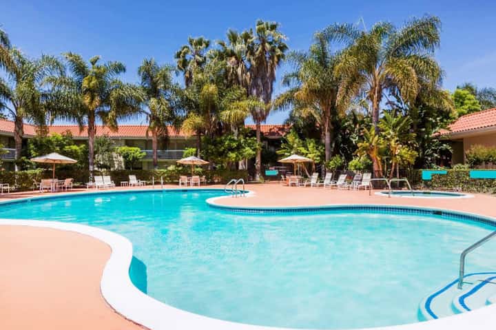 Resort pool with spa area, palm trees, umbrellas, and tropical landscaping under clear sky