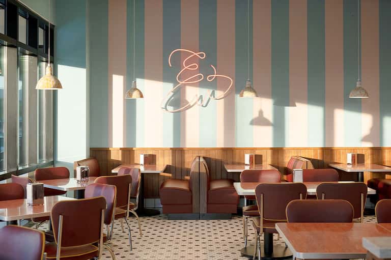 Modern hotel dining lounge with burgundy leather seating, striped walls, pendant lights, and neon signage