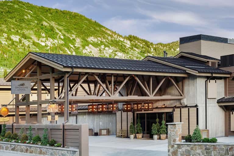 Modern mountain lodge exterior with wooden beams, metal siding, and grass-covered hillside