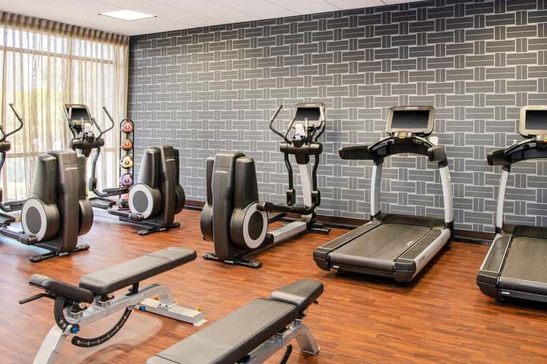 Modern fitness center with cardio equipment, exercise bikes, treadmills, and geometric patterned wallpaper