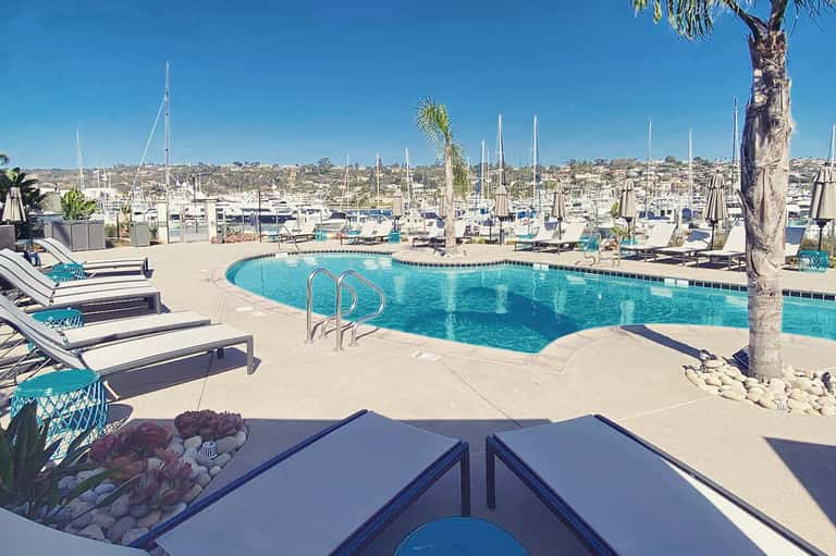 Resort pool with lounge chairs and palm tree overlooking marina with sailboats