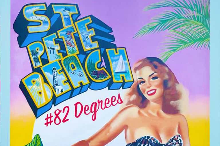 Vintage-style poster reading 'Sit Pretty Beach #82 Degrees' with retro illustration