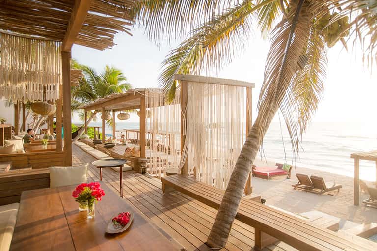 Tropical beachfront deck with wooden structures, palm trees, and ocean views