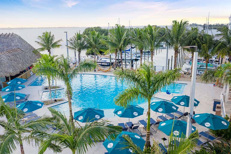 Aerial view of resort pool with blue umbrellas, palm trees, and waterfront marina with boats