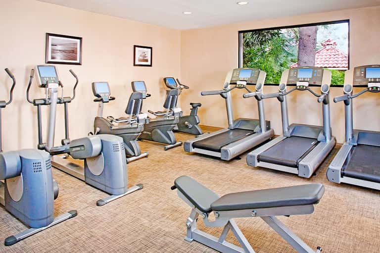 Fitness center with rows of treadmills, elliptical machines, and exercise bikes with blue digital displays and large windows