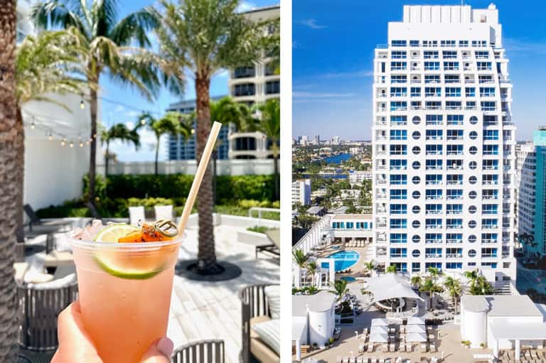 Tropical resort courtyard with palm trees, coral cocktail drink, and modern high-rise hotel building