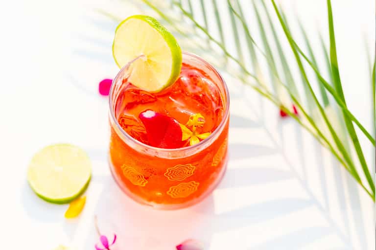 Tropical cocktail with lime slice, ice, and red liquid in bright sunlight