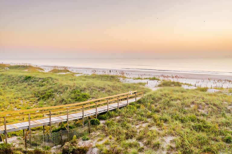 Wooden boardwalk bridge through coastal dunes with beach grass at golden hour