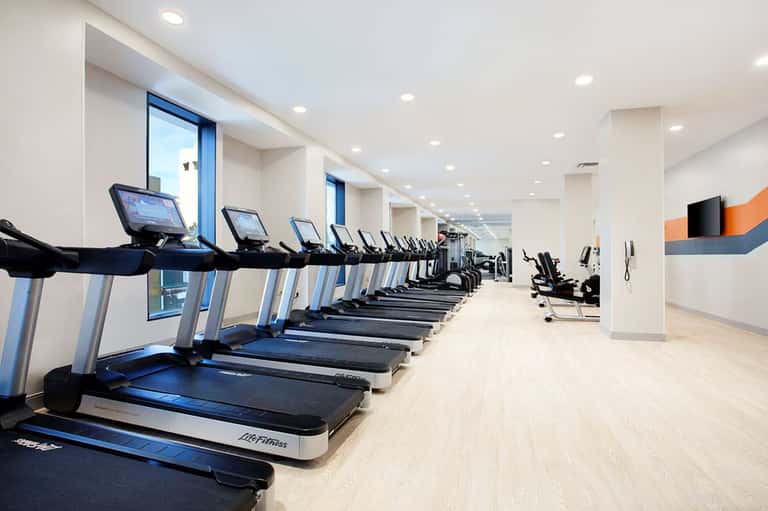 Modern gym with rows of treadmills and fitness equipment