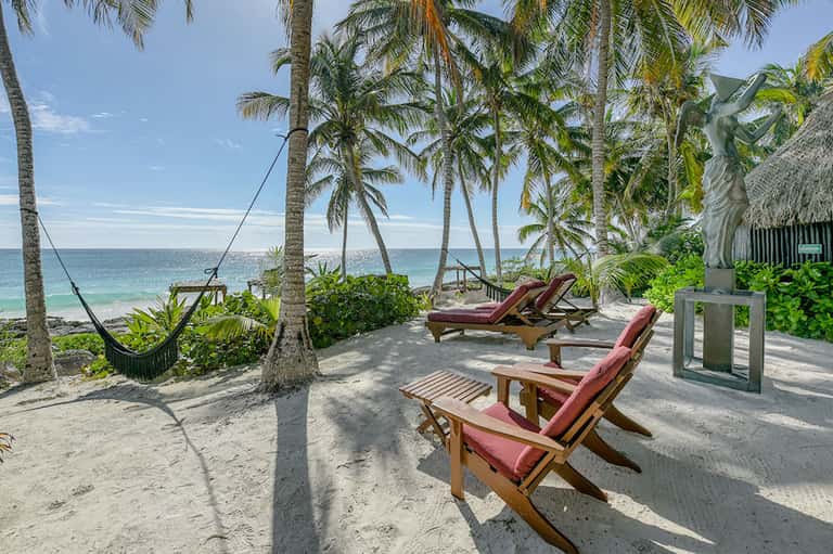 Beach lounge with palm trees, hammock, and ocean view with thatched structures