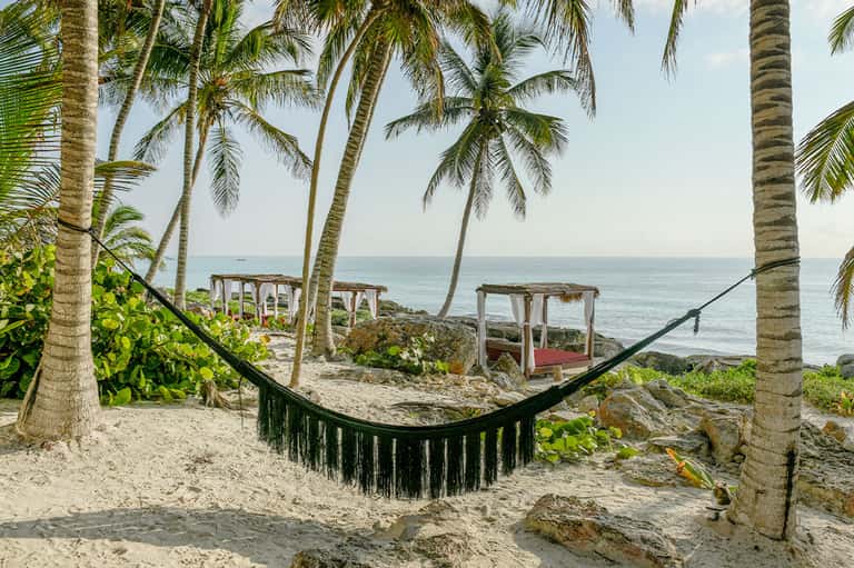 Tropical beach scene with palm trees, black fringe hammock, and wooden beach structures overlooking calm ocean waters