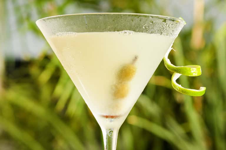 Elegant martini cocktail with olive garnish and lime twist on blurred garden background