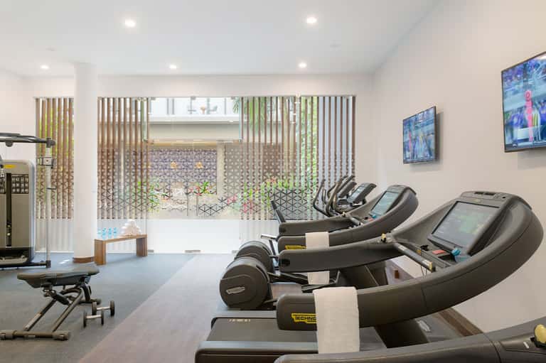 Modern fitness center with treadmills and exercise equipment overlooking garden
